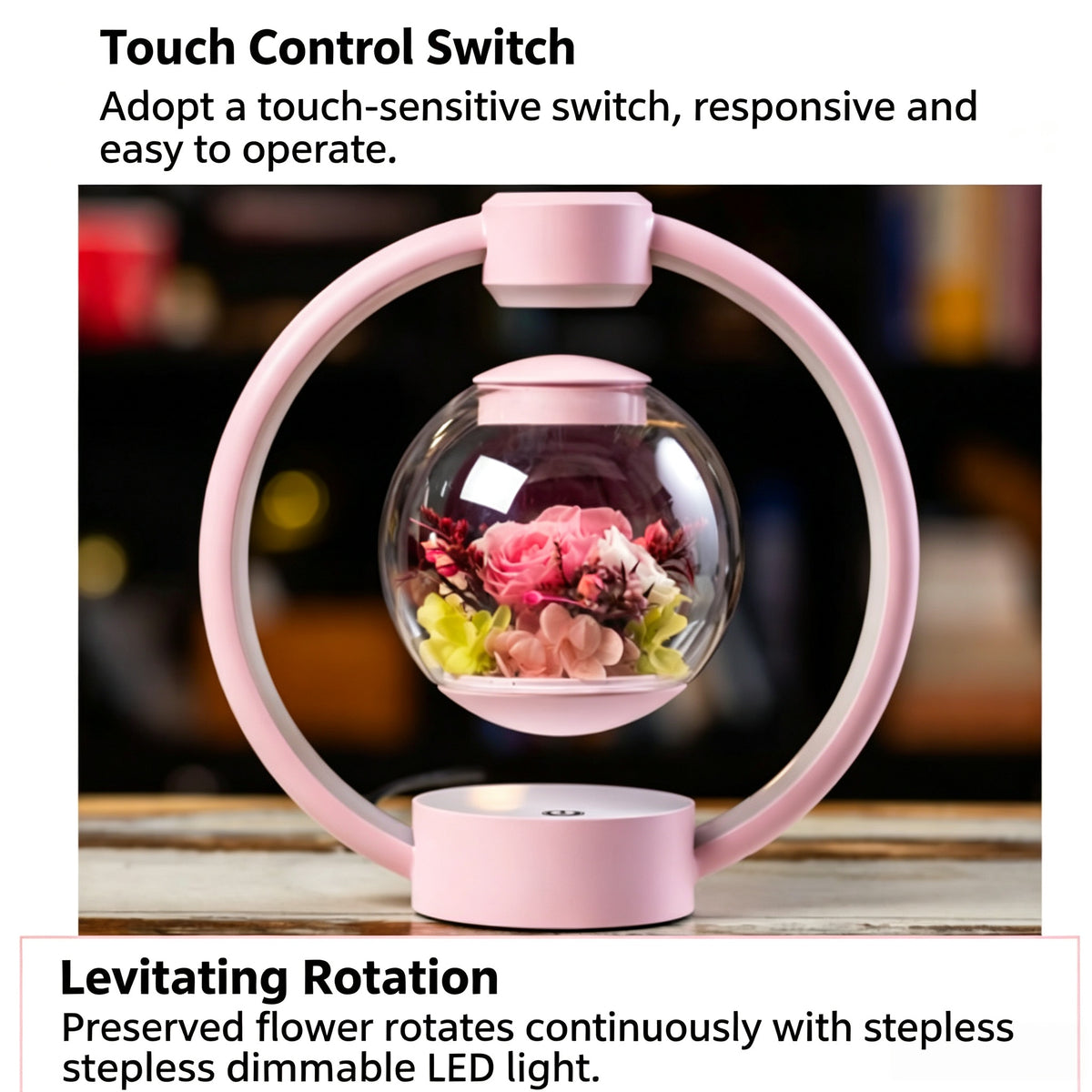 Magnetic Levitating Preserved Rose Lamp, Rotating LED Touch Night Light, Romantic Gift for Her