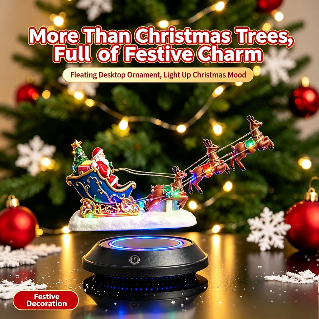 Magnetic Levitation Santa Sleigh Ornament with 6 Reindeer, Auto Rotating LED Christmas Decor, Festive Desktop Gift