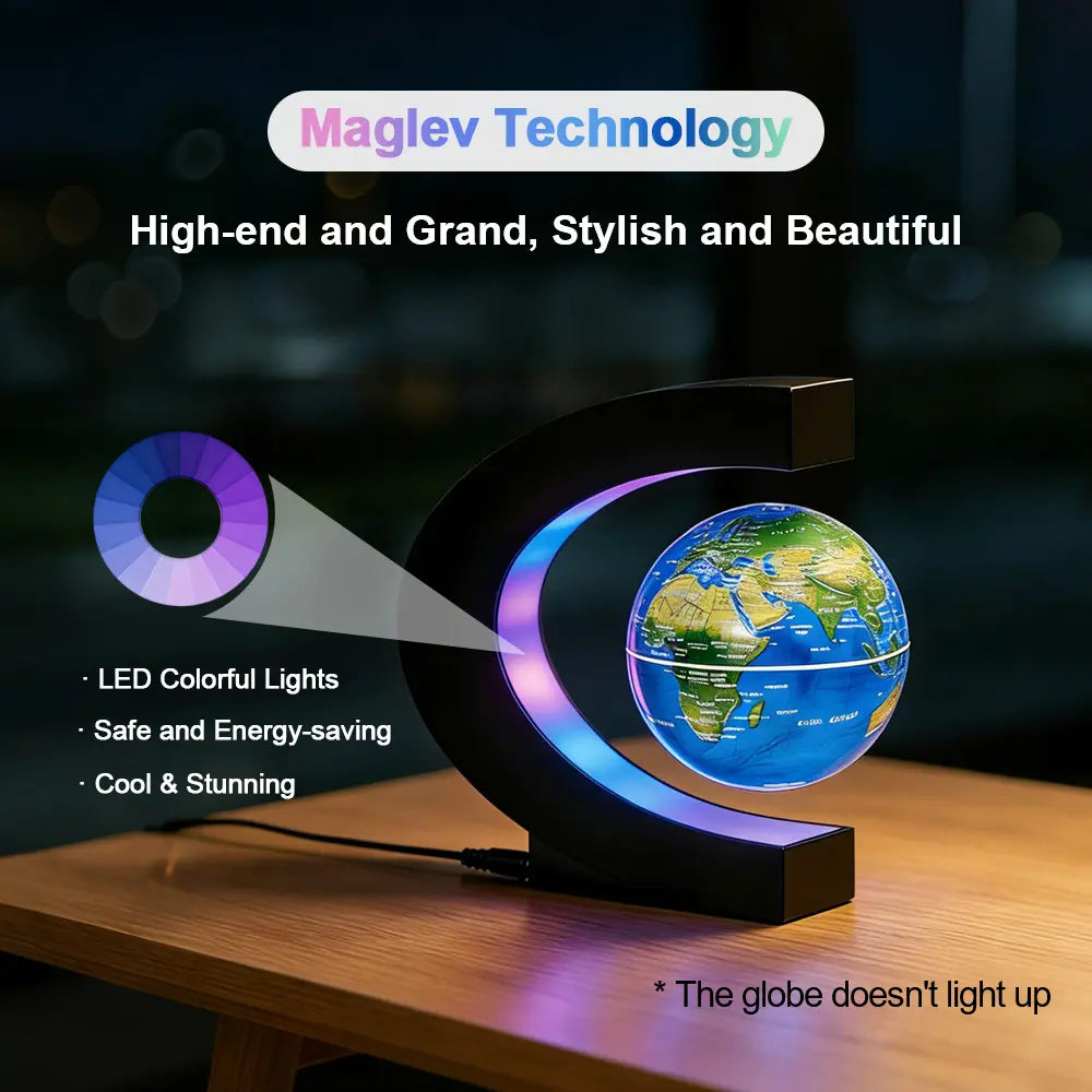 Maglev Globe with C-Shaped Stand - Floats, Gradient Color LED Light, High-Definition World Map, High-Tech Desktop Accessory, Indoor Desk Gadget, Office Decor, Unique Gifts for Man, Gifts for Boyfriends