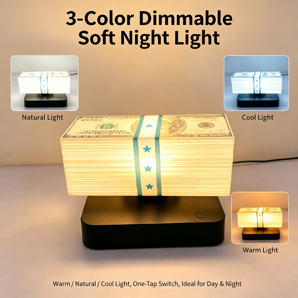 Magnetic Levitation Dollar Night Light, 3 Color Modes Glowing Money Stack Lamp, Creative Get-Rich Vibe Desktop Ornament, Unique Ambient Gift