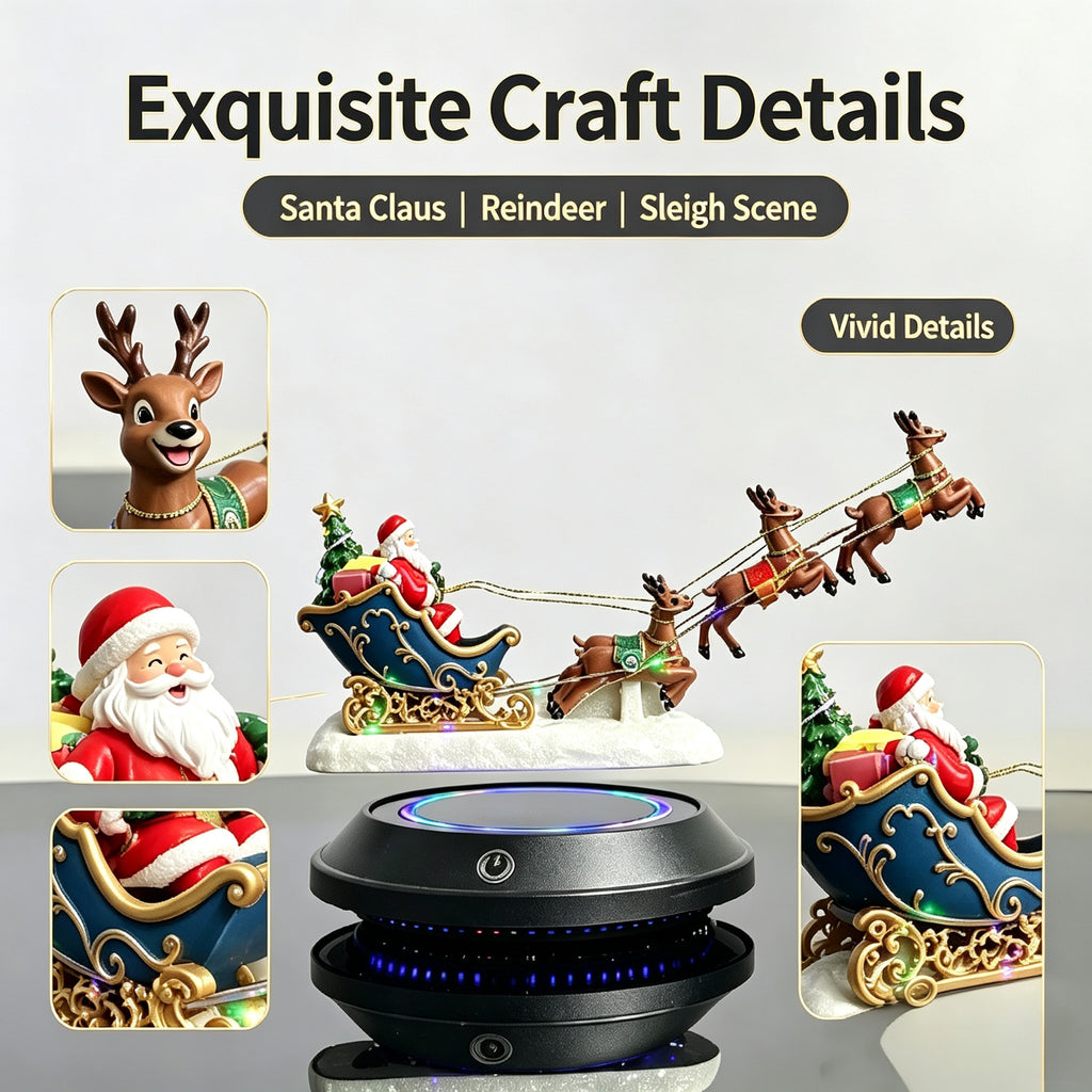 Magnetic Levitation Santa Sleigh Ornament with 6 Reindeer, Auto Rotating LED Christmas Decor, Festive Desktop Gift