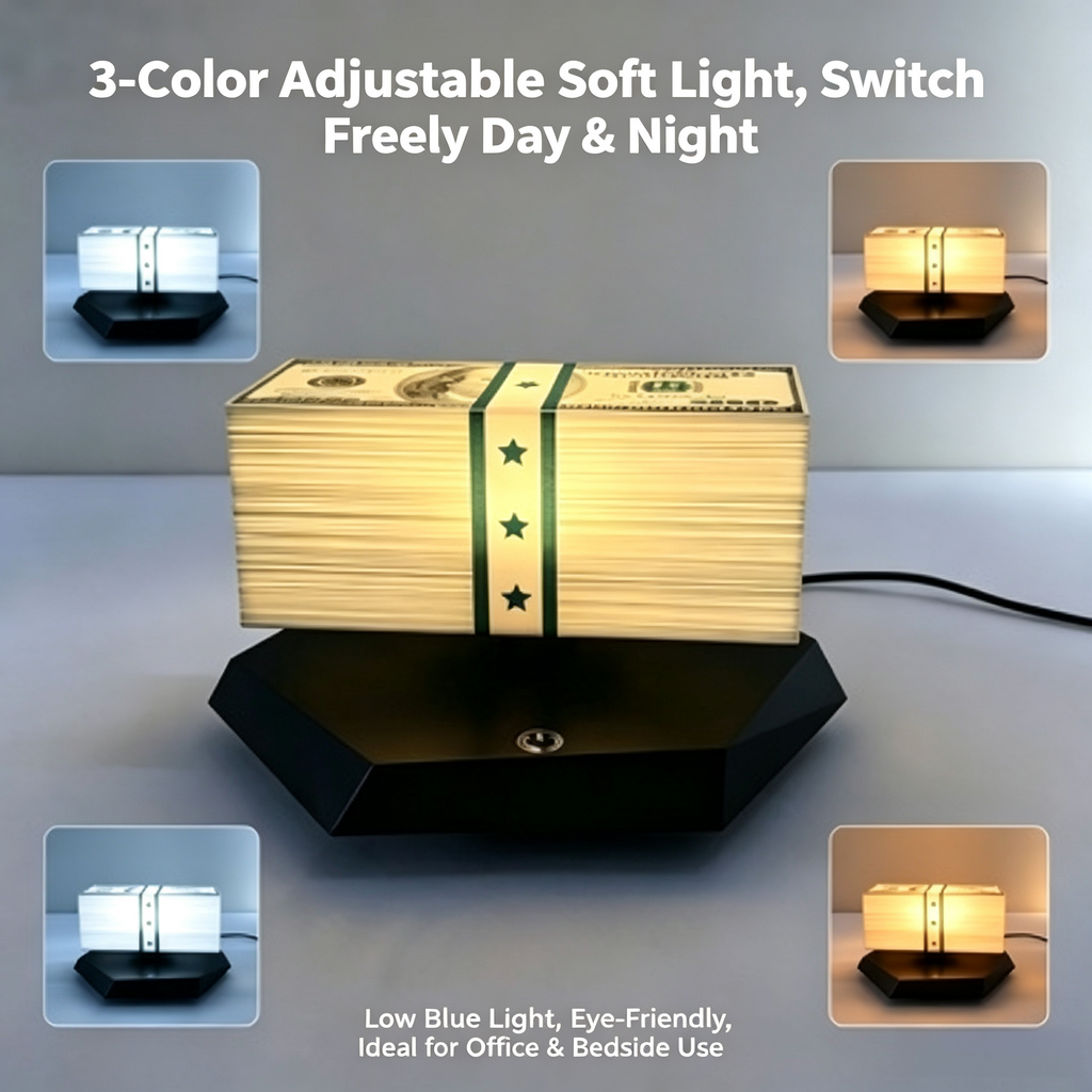 Magnetic Levitation Dollar Night Light, 3 Color Modes Glowing Money Stack Lamp, Creative Get-Rich Vibe Desktop Ornament, Unique Ambient Gift