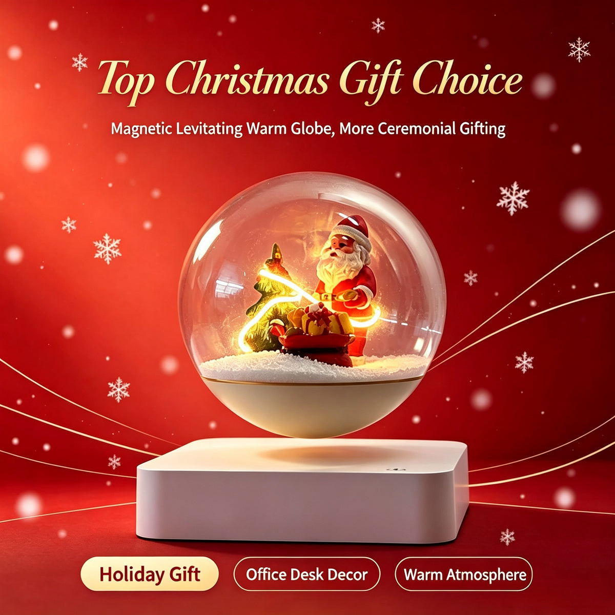 Magnetic Levitating Christmas Snow Globe, Santa Claus LED Warm Light Desktop Decor Gift