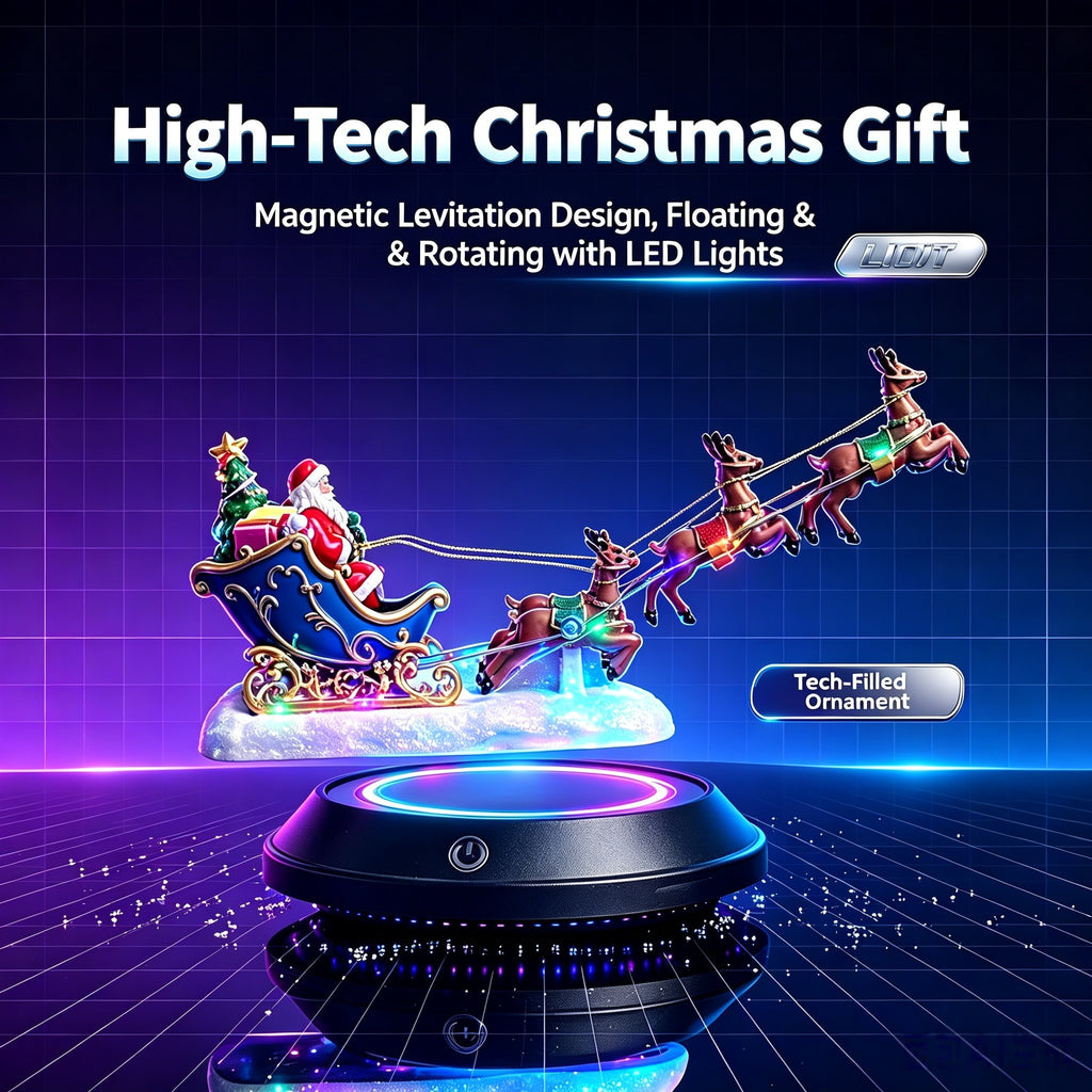 Magnetic Levitation Santa Sleigh Ornament with 6 Reindeer, Auto Rotating LED Christmas Decor, Festive Desktop Gift