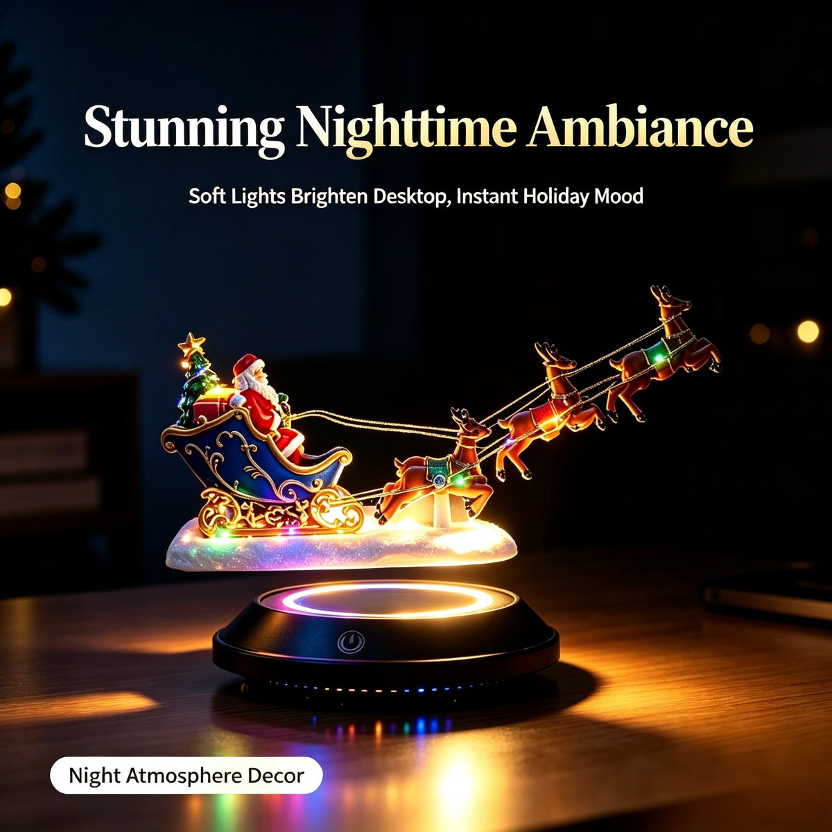 Magnetic Levitation Santa Sleigh Ornament with 6 Reindeer, Auto Rotating LED Christmas Decor, Festive Desktop Gift