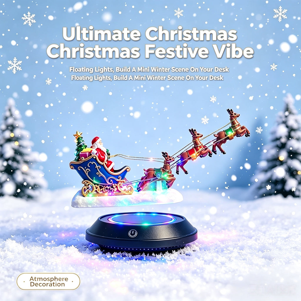 Magnetic Levitation Santa Sleigh Ornament with 6 Reindeer, Auto Rotating LED Christmas Decor, Festive Desktop Gift