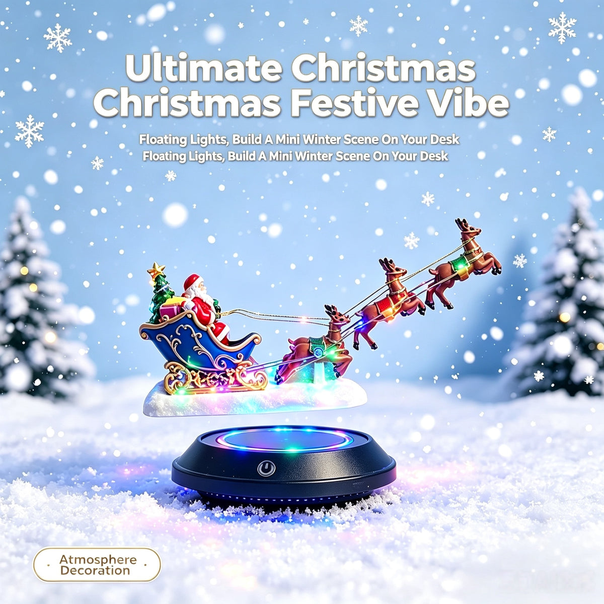 Magnetic Levitation Santa Sleigh Ornament with 6 Reindeer, Auto Rotating LED Christmas Decor, Festive Desktop Gift