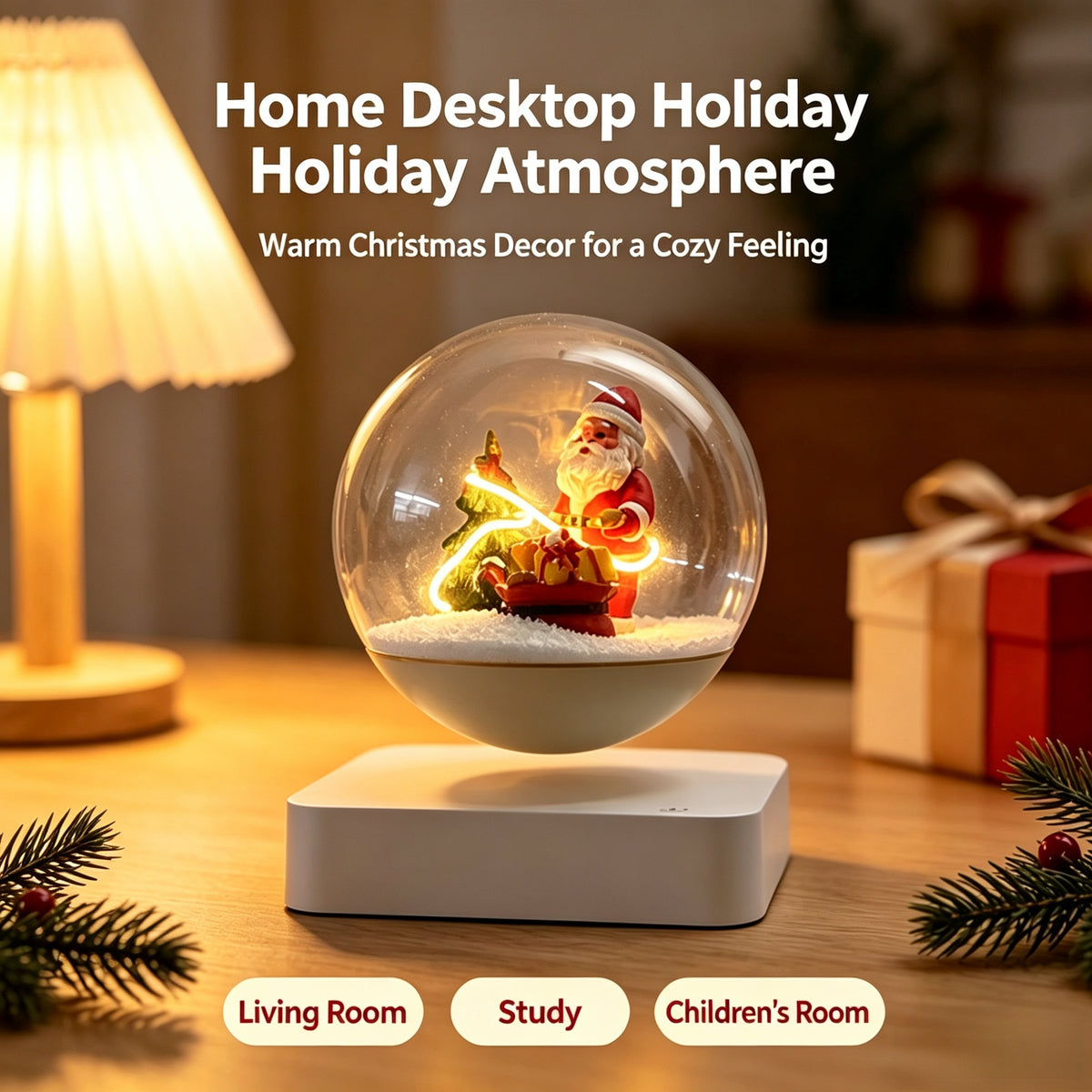 Magnetic Levitating Christmas Snow Globe, Santa Claus LED Warm Light Desktop Decor Gift
