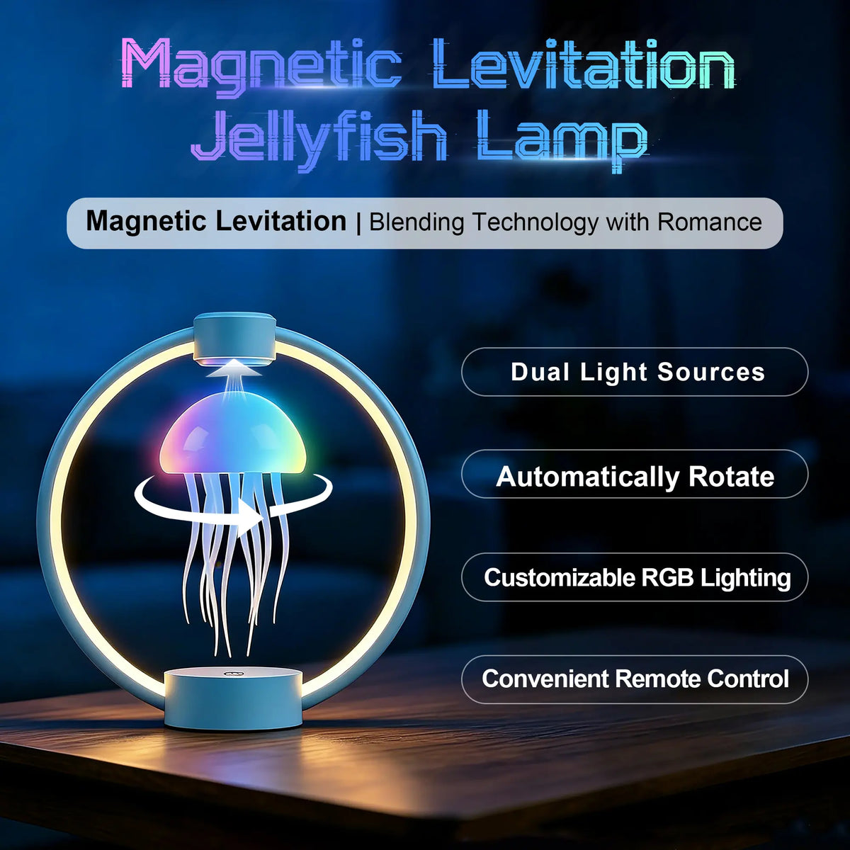 Magnetic Levitation Jellyfish Decorative Lamp - Bedroom LED RGB Lights, Remote-Controlled Full Color Gradient Illuminated Night Light with Batteries, Interactive Novelty Home Decor Gift